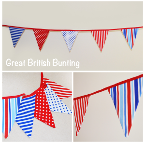 Great British Bunting: Hire for £1.50 per metre plus p&p. Red, blue and white dots and stripes